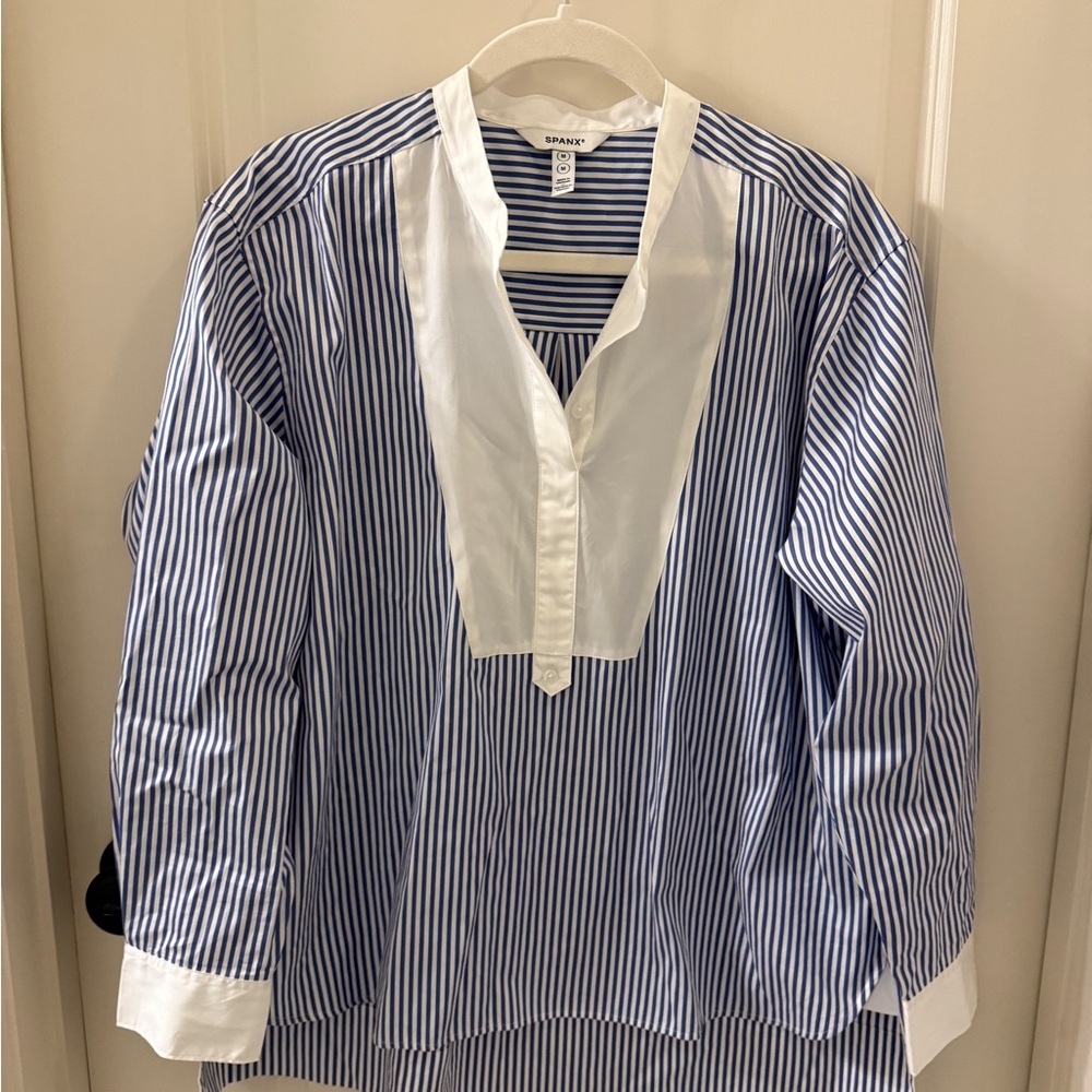 SPANX Navy and White Striped Shirt